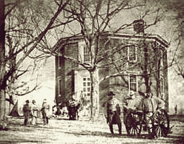 people outside the octagon hall in the past
